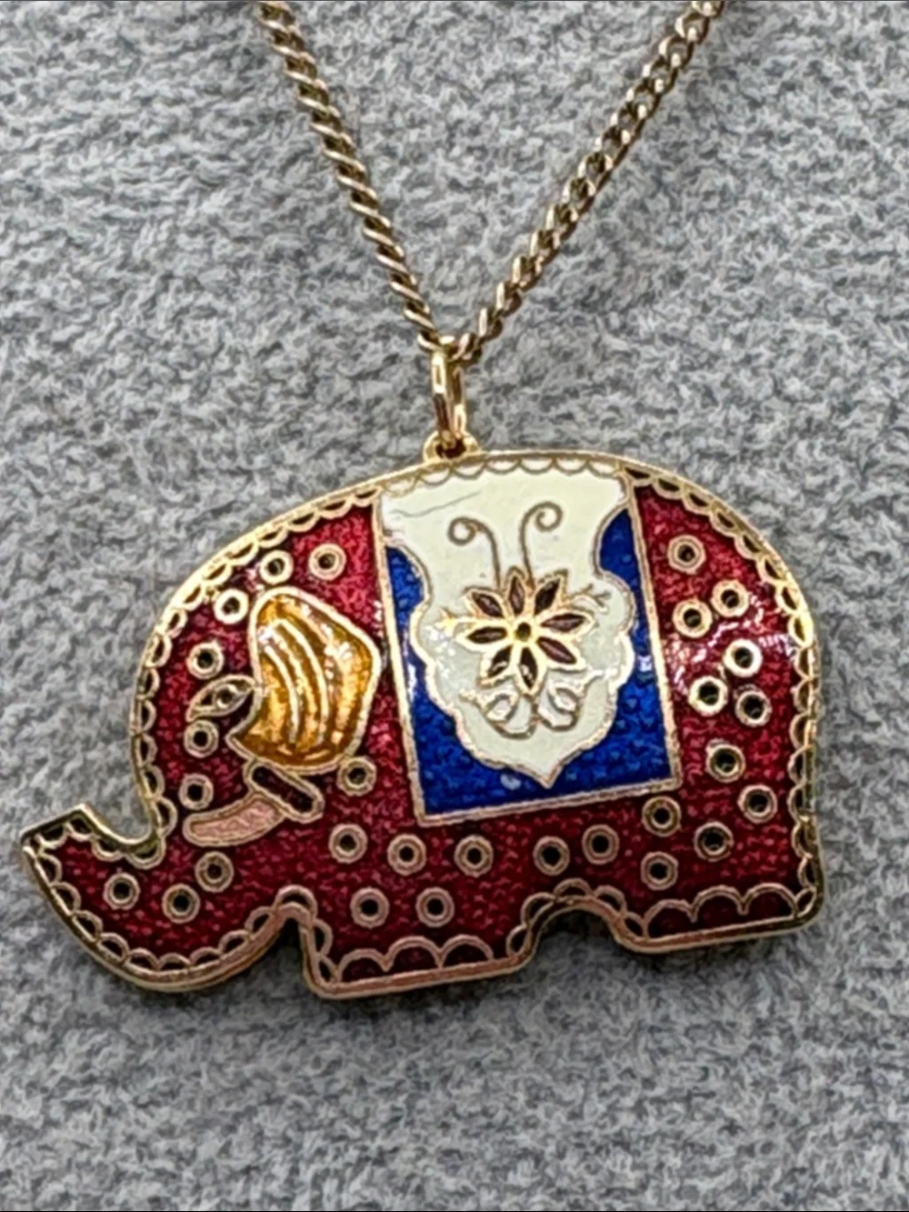 Vintage Gold Cloisonné Elephant Pendant Necklace with Red & Blue Enamel